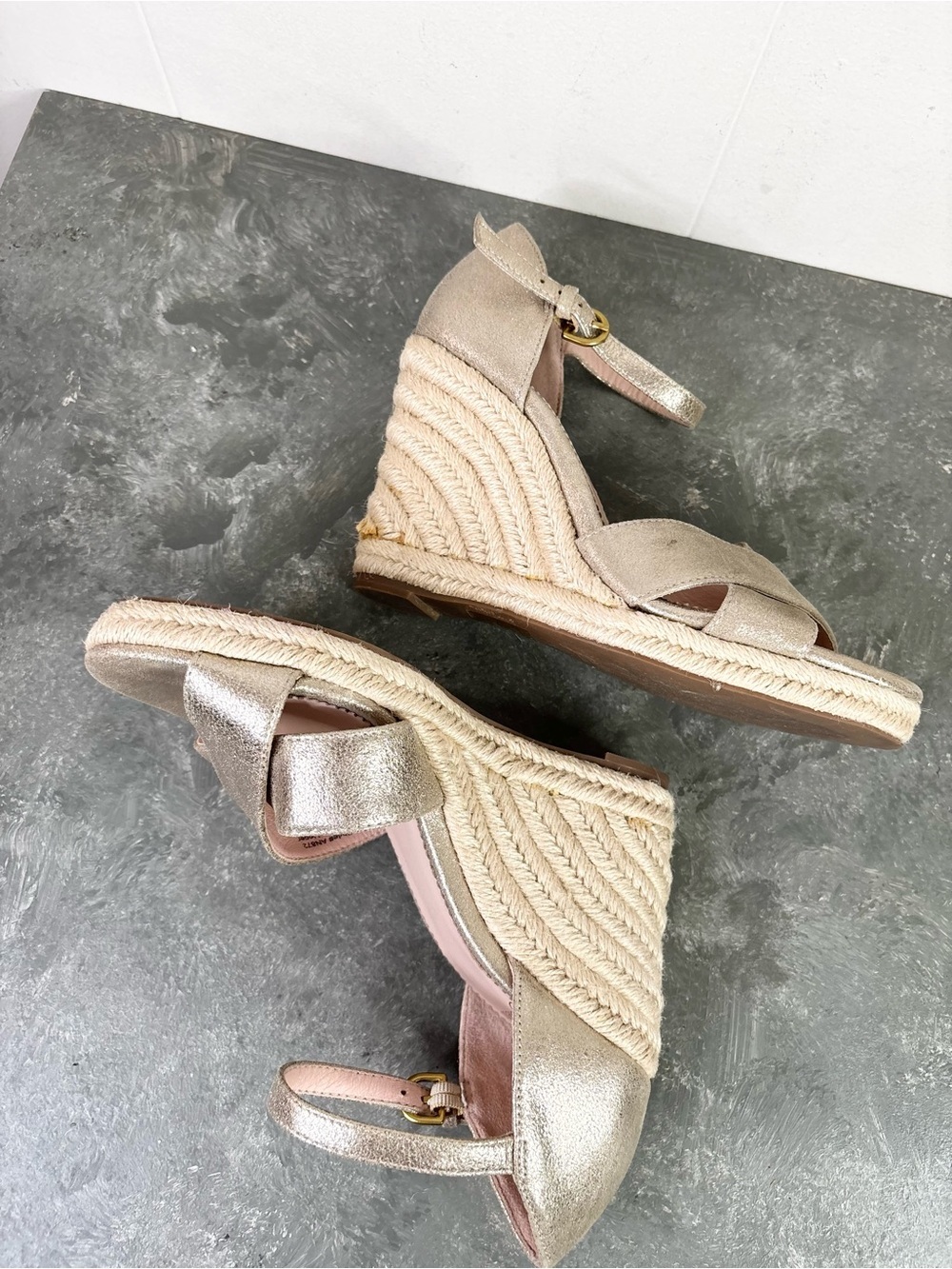 J.Crew Metallic Leather Jute Wedge Sandals champagne gold size 6 j crew - Picture 7 of 9